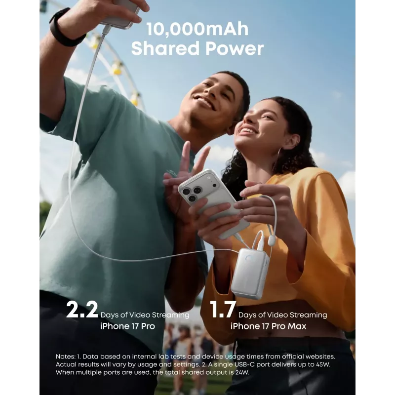 Išorinė baterija Anker A1638 10000 mAh, 45 W bendra galia, balta, įmontuotas ištraukiamas USB-C laidas