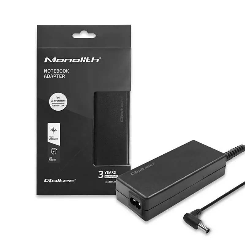 Maitinimo adapteris QOLTEC 51775 40W 19V 2.1A monitoriams, juodas, 1,75 m kabelis