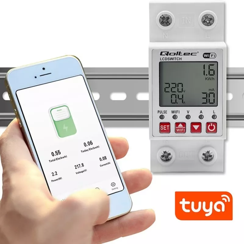 DIN bėgio WiFi relė QOLTEC 50990, vieno kanalo, 63A perjungimas elektros apskaitai ir nuotoliniam valdymui