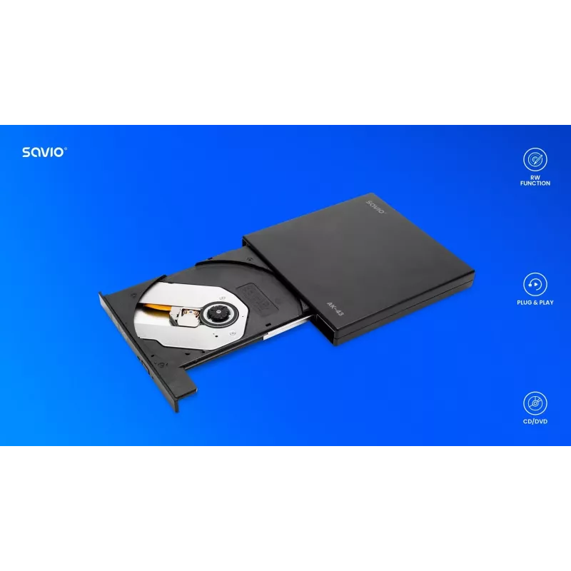 Išorinis plonas DVD±RW įrenginys SAVIO AK-43, USB 2.0, juodas, palaiko CD/DVD skaitymą ir rašymą (24x CD, 8x DVD)