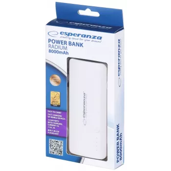 Nešiojamasis įkroviklis Esperanza EMP106WE Radium — 8000 mAh, 3 įrenginių išvestis, Micro-USB įvestis, 5V/2A ir 5V/1.5A/1A išvestys, pilka