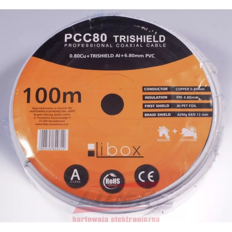 Bendraašis kabelis LIBOX PCC80 RG-6/U 100 m, FEP apvalkalas, 0,8 mm vario laidininkas, aliuminio ekranas, baltas