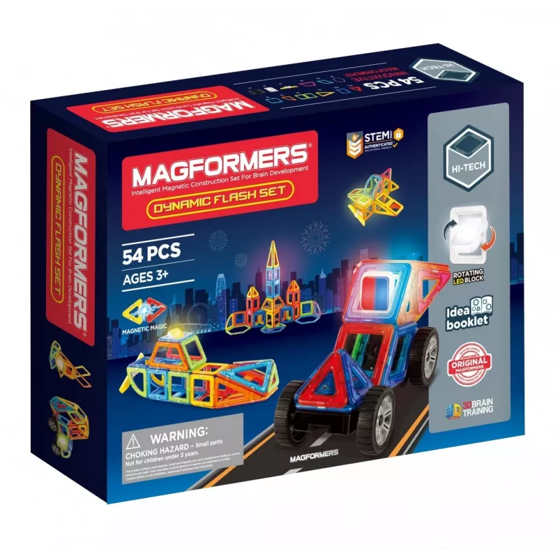 Magnetinis konstravimo rinkinys MAGFORMERS Dynamic Flash 54 vnt. — magnetinės statybinės plytelės su kvadratais ir trikampiais