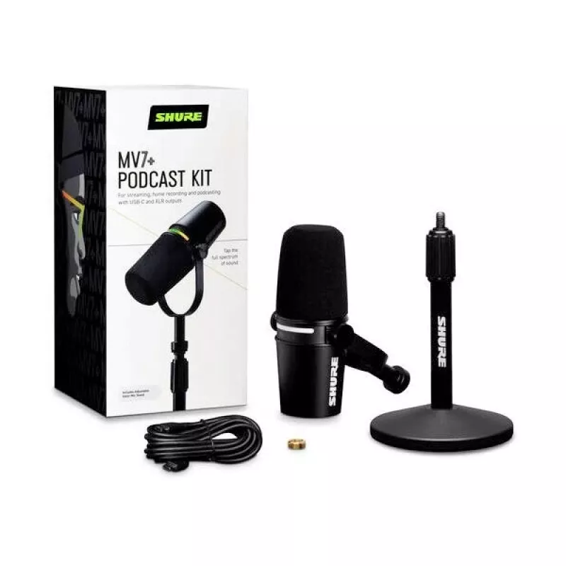 Shure MV7+-K-BNDL - pultinis/vokalinis mikrofonas su XLR/USB-C jungtimi, juodas + stalinis stovas GATOR