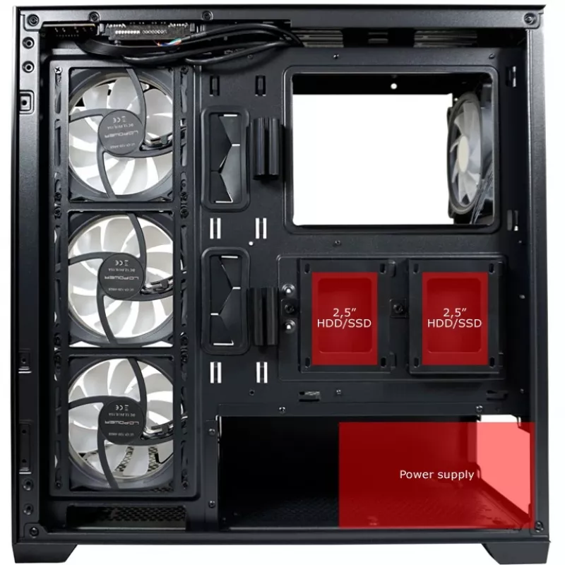 LC-Power Enclosure MidiTower 715B juodas USB3.2/Audio be maitinimo šaltinio SEAMLESS_X (LC-715B-ON)