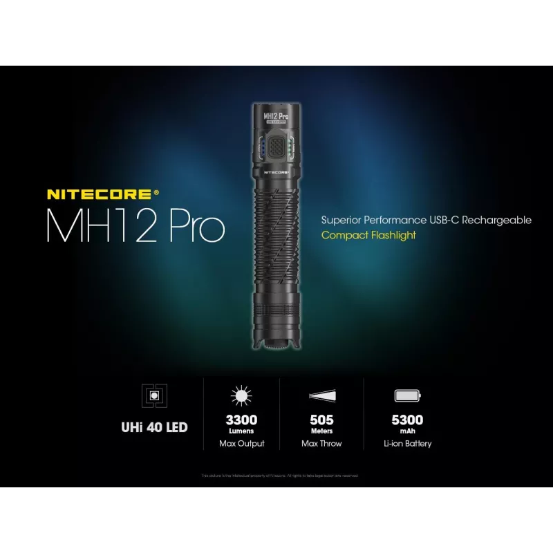 Rankinis žibintuvėlis Nitecore MH12 Pro Juoda LED 3300 lm USB įkraunamas 5300 mAh, aliuminis, 138.5 mm, 81.5 g, atsparus vandeniui iki 2 m
