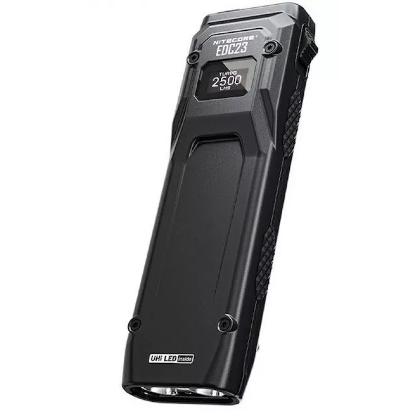 Rankinis žibintuvėlis Nitecore EDC23 — kompaktiškas, USB įkraunamas, juodas, atsparus dulkėms/vandeniui IP54, du šviesos diodai, įmontuota baterija, 0,101 kg