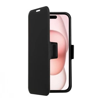 Dėklas-piniginė SCREENOR CLEVER, skirtas „iPhone 15“ (6,1 colio, PU oda, juodas) su kortelių kišene ir stalo stovu