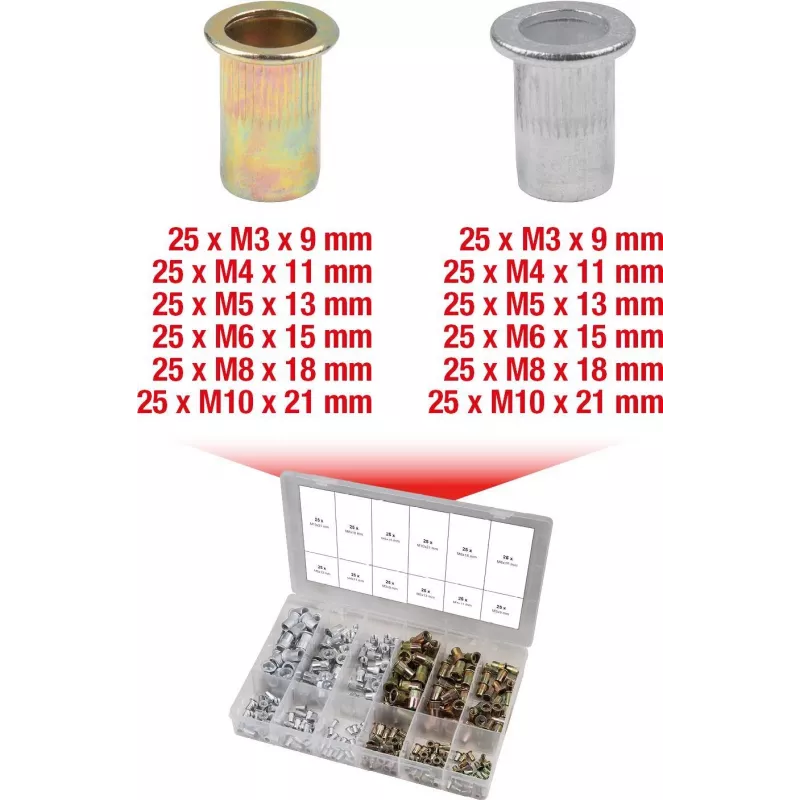 Kniedijimo veržlės KS Tools 970.0630 plienas ir aliuminis M3x9mm–M10x21mm 300 vnt.