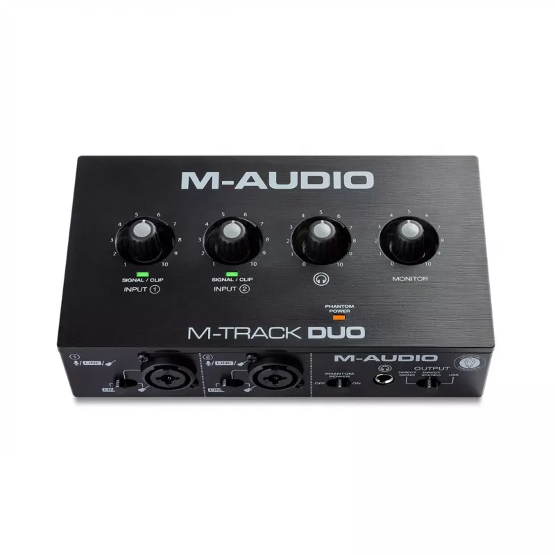 Garso sąsaja M-Audio M-Track Duo — USB 2 į/2 iš, 16 bitų/48 kHz, 1x XLR/TS kombinuotas, 1x instrumento įvestis, fantominis 48 V