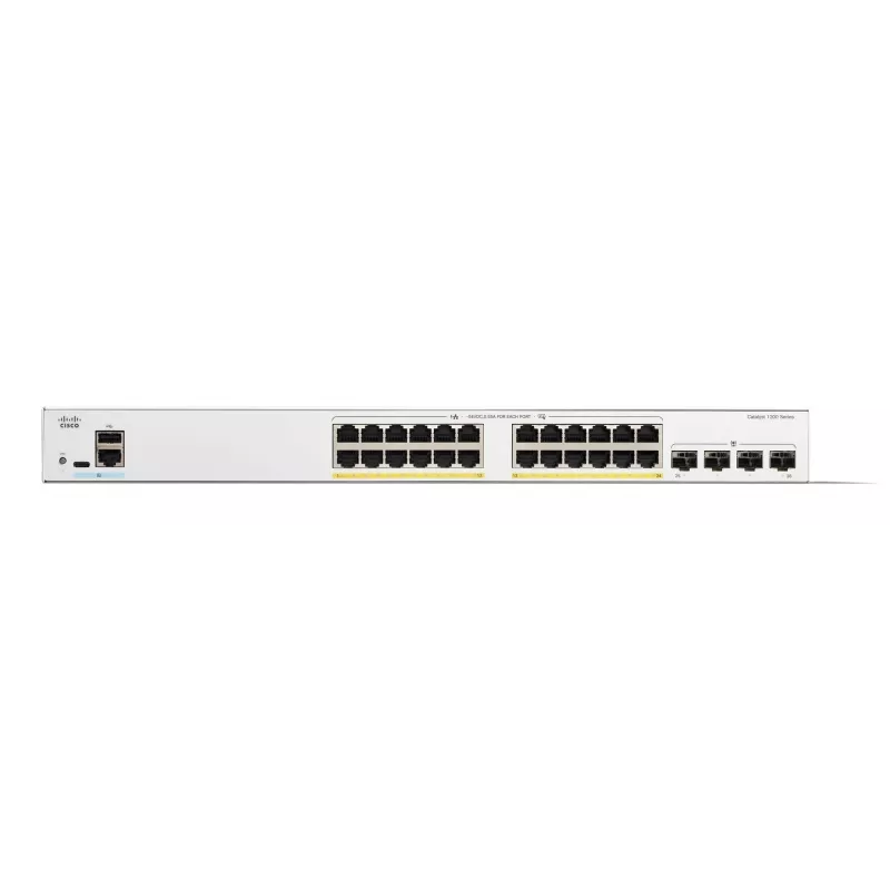 Cisco Catalyst 1200-24FP-4G išmanusis jungiklis, 24 prievadai GE, pilnas PoE, 4x1GE SFP, ribota viso gyvenimo apsauga (C1200-24FP-4G)