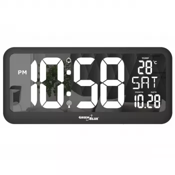 Didelis skaitmeninis laikrodis su temperatūros jutikliu, tvirtinamas ant sienos arba pastatomas, 37x17 cm LCD ekranas, maitinimo adapteris ir baterijomis maitinamas