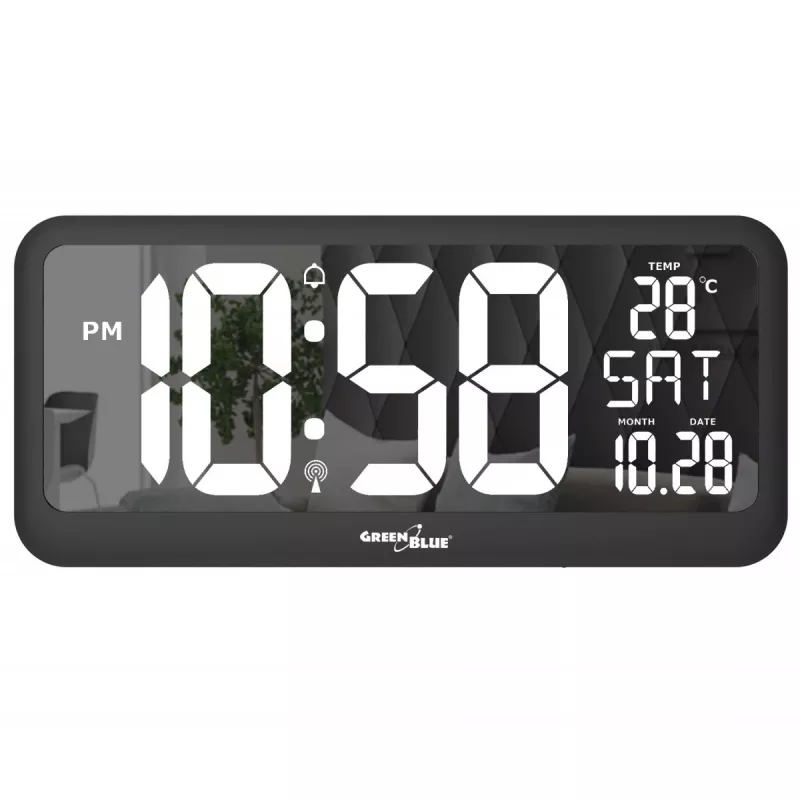 Didelis skaitmeninis laikrodis su temperatūros jutikliu, tvirtinamas ant sienos arba pastatomas, 37x17 cm LCD ekranas, maitinimo adapteris ir baterijomis maitinamas