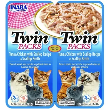 Šlapias kačių skanėstas INABA Twin Tuna su vištiena ir šukutėmis sultinyje 2x40 g maišelis, žuvies skonio, 86,5 % drėgmės