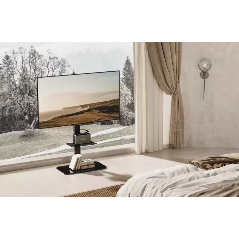 Grindinis televizoriaus stovas GEMBIRD TVS-86ST-01, skirtas 43–86 colių televizoriams, juodas, grūdinto stiklo pagrindas, VESA 100x100–600x400, maks. 60 kg