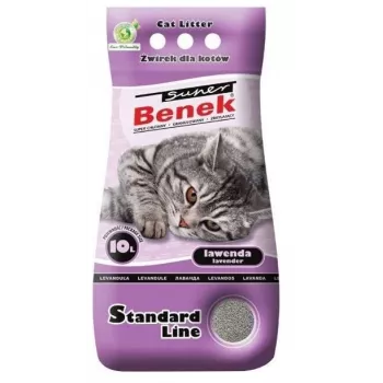 Sulimpantis kačių kraikas Super Benek Standard Levandų 10 L — bentonitinis, kvepiantis, pilkos granulės