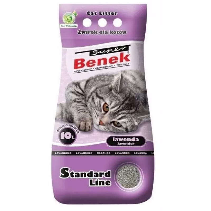 Sulimpantis kačių kraikas Super Benek Standard Levandų 10 L — bentonitinis, kvepiantis, pilkos granulės