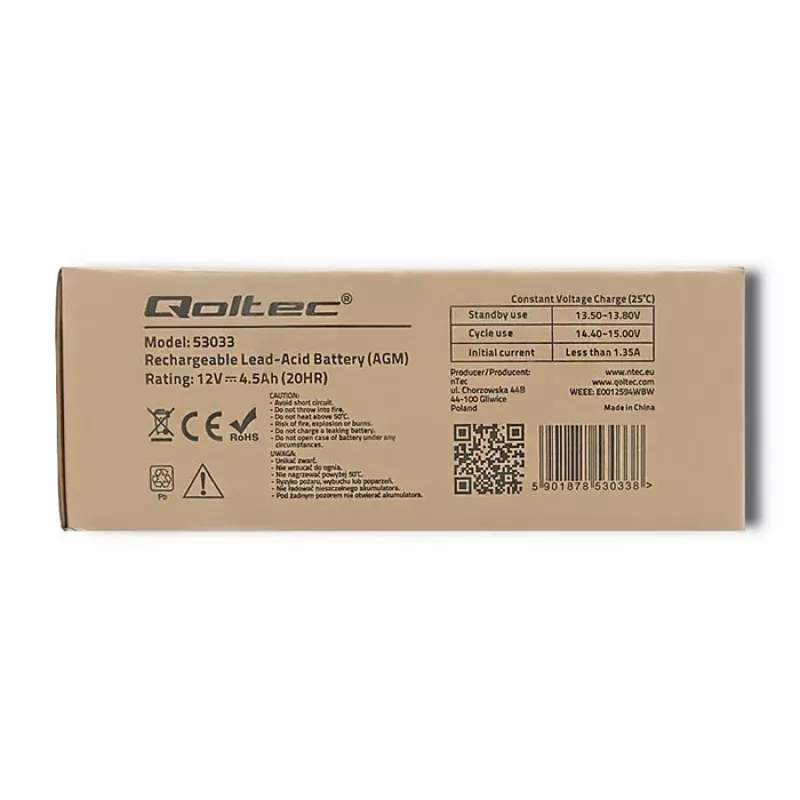 AGM baterija Qoltec 53033 4.5 Ah 15 V 65.5 A Motociklas
