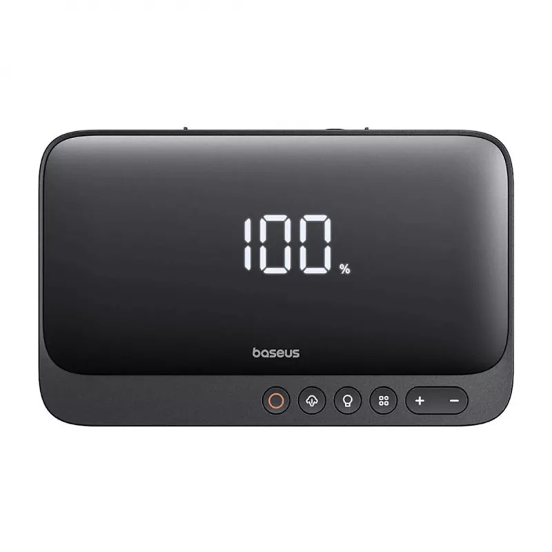 Nešiojamasis įkroviklis Baseus Super Energy 6000 mAh — akumuliatoriaus stiprintuvas, LiPo 6000 mAh, 300 A paleidimo srovė, 150 PSI, įmontuotas ekranas ir žibintuvėlis, USB-C + USB-A, juoda