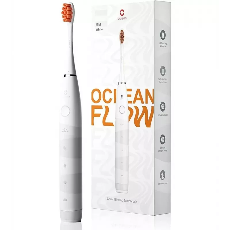 Soninis dantų šepetėlis OCLEAN FLOW Adult — maitinamas baterijomis, balinimo režimas, integruotas laikmatis, reguliuojamas greitis, 255 mm aukštis, baltas, 0,13 kg, 1 rankena + 1 šepetėlio galvutė