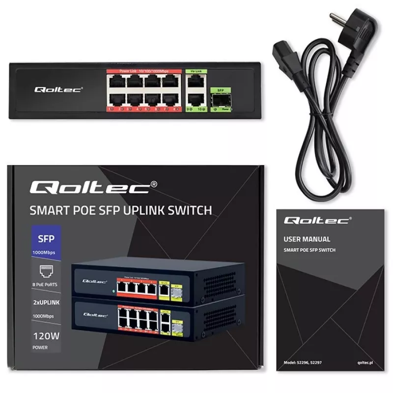 Ethernet komutatorius QOLTEC 52297 PoE RJ45 su PoE aukštyniniu ir SFP prievadu