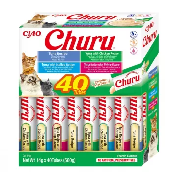 Drėgnos skanėstai katėms INABA Churu Variety Box — Tunas, 40 × 14 g pastos pakelių, be grūdų, be glitimo