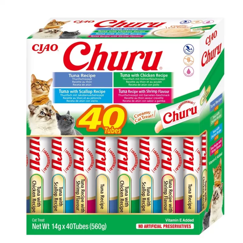 Drėgnos skanėstai katėms INABA Churu Variety Box — Tunas, 40 × 14 g pastos pakelių, be grūdų, be glitimo