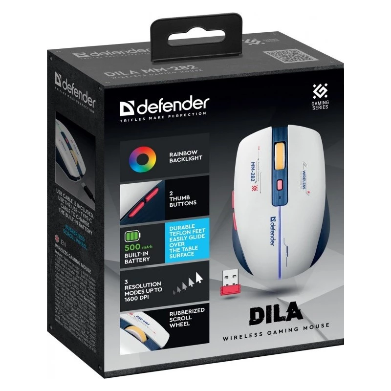 Belaidė žaidimų pelė DEFENDER MM-282 RF — abiem rankoms tinkama, optinė 1800 DPI, 5 mygtukai, USB, maitinama baterijomis