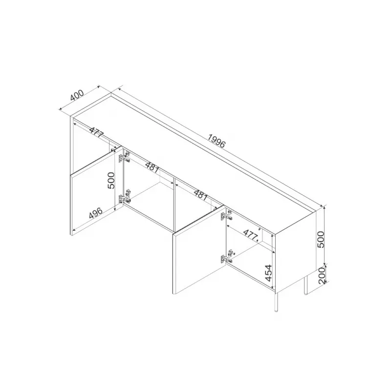 Komoda cama meble FELLINI 2000×400×700 mm, alyvuogių su aliejumi impregnuoto ąžuolo viršumi, MDF korpusas