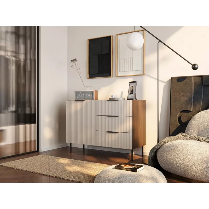 Komoda cama meble ALMERA 104x42x75 cm, riešutmedžio/kašmyro spalvos, 3 stalčiai, medžio drožlių plokštė