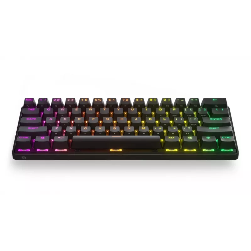 Mechaninė žaidimų klaviatūra STEELSERIES Apex Pro Mini Wireless — 60% formos koeficientas, USB + RF belaidis + Bluetooth, QWERTY US, Juoda
