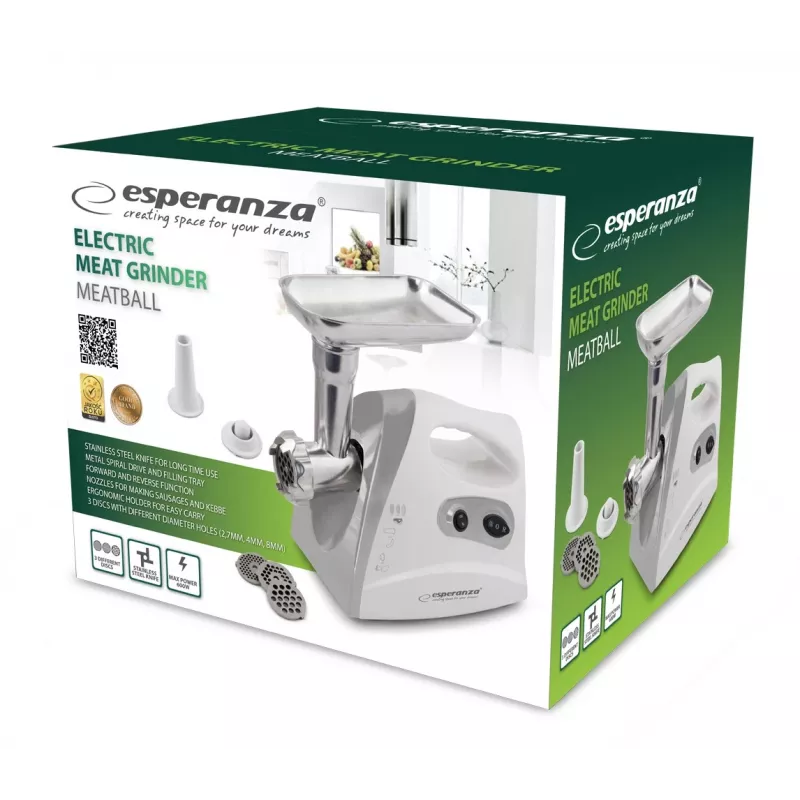 Elektrinė mėsmalė ESPERANZA EKM012E 600 W, pilka, 2,6 kg, reversas, dešrų antgalis, kebabų gamintojas