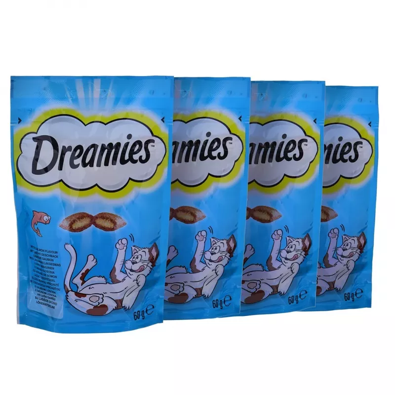 Kačių skanėstai Dreamies sūrio, vištienos, lašišos asorti 12×60 g — mėsingi kieti užkandžiai, baltymų 31%, riebalų 21%