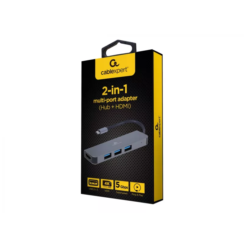 USB-C nešiojamojo kompiuterio dokas GEMBIRD A-CM-COMBO2-01 — USB 3.2 Gen 1 Type-C, 3× USB-A, 1× HDMI, pilkas