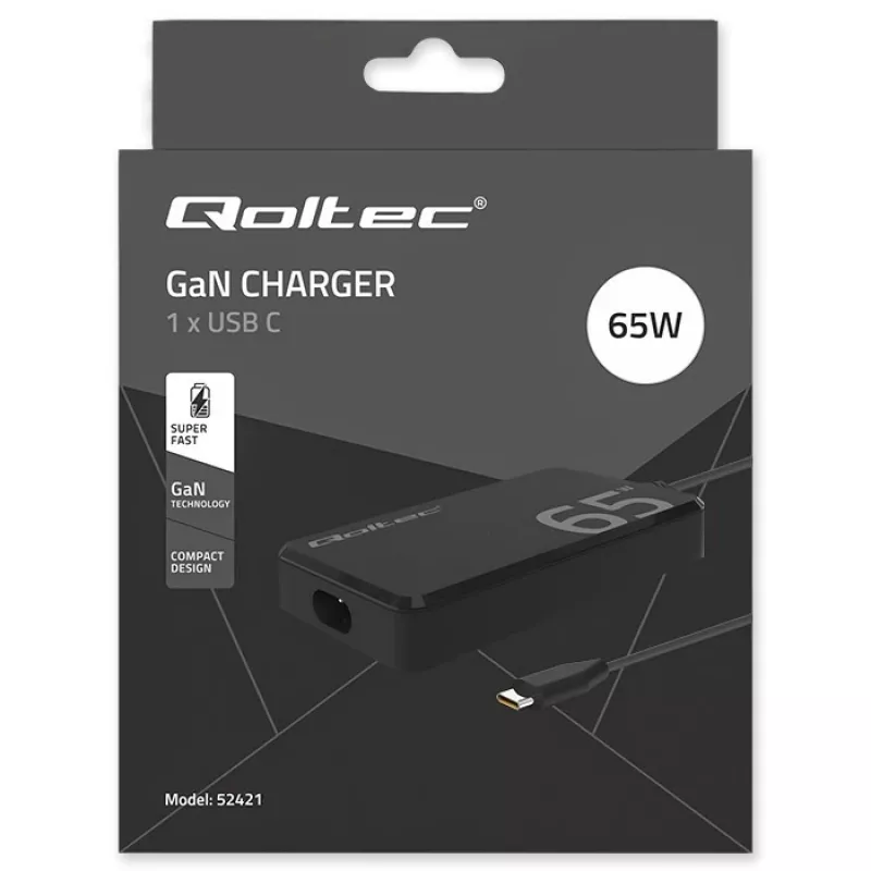 QOLTEC įkroviklis 65W GaN Super Fast plonas PD 5-20V 3.25A USB-C