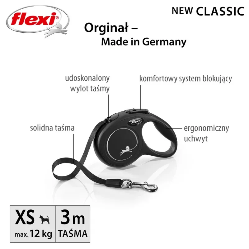 Ištraukiamas pavadėlis Flexi New Classic Cat XS 3 m — laido tipo pavadėlis mažiems augintiniams, juodas, maks. apkrova 8 kg