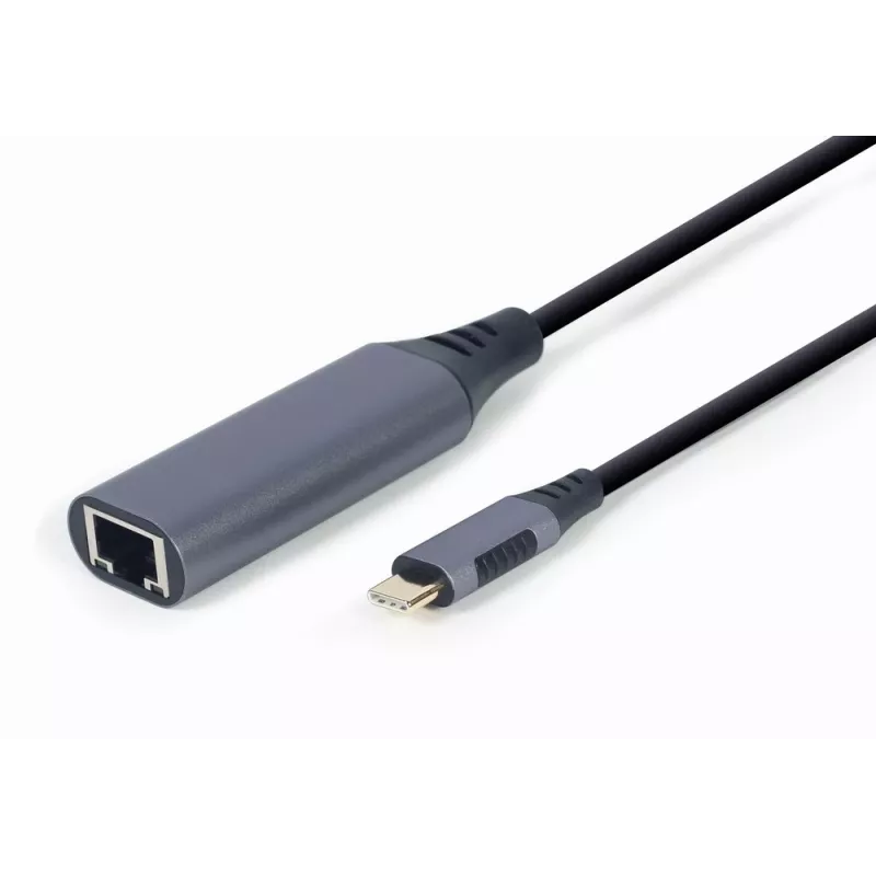 Tinklo adapteris Gembird A-USB3C-LAN-01 Type-C USB 3.2 Gen 1, Gigabit RJ-45, 0,15 m laidas, metalinis korpusas, pilka/juoda