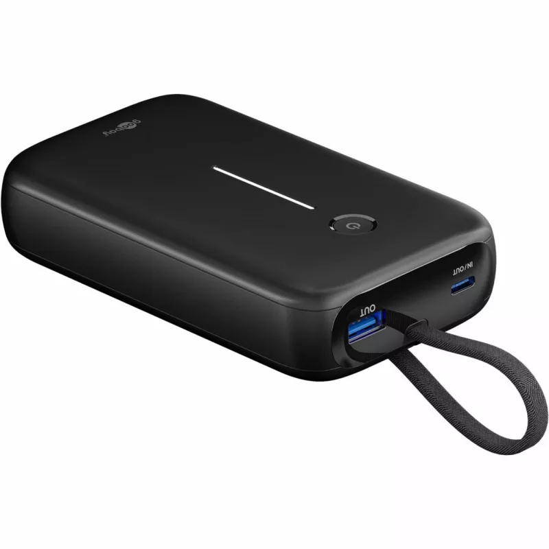 Powerbank 20.000 mAh, integruotas USB-C laidas 13cm, 30 W (juoda, 20 Ah, 1x USB-A, 2x USB-C, PD, QC)