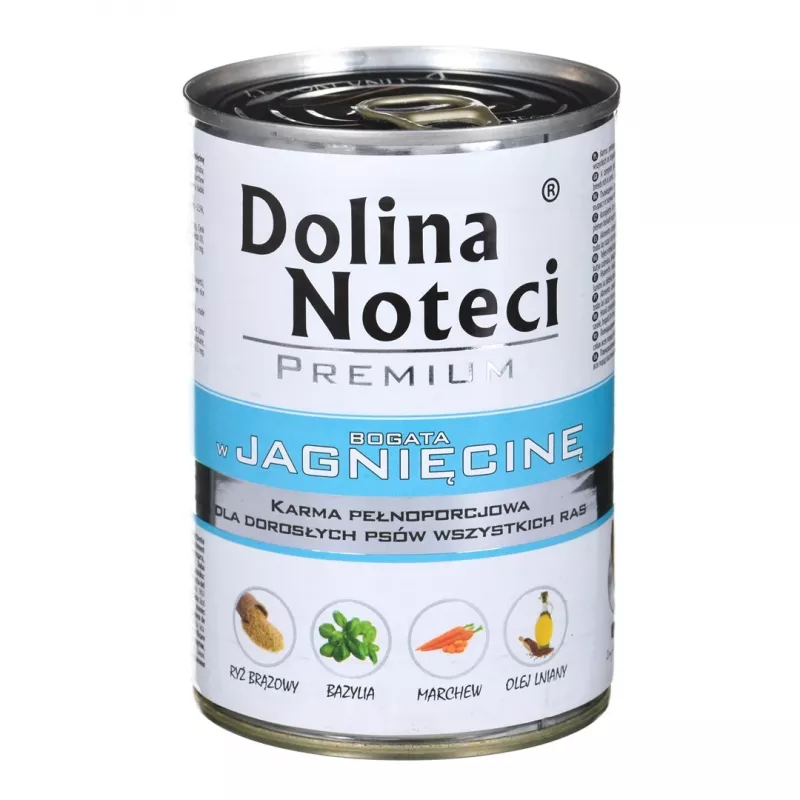 Šlapias šunų maistas dolina noteci Premium, gausus avienos, 400 g — subalansuotas konservuotas ėdalas suaugusiems šunims, 75 % drėgmės, 12 % baltymų