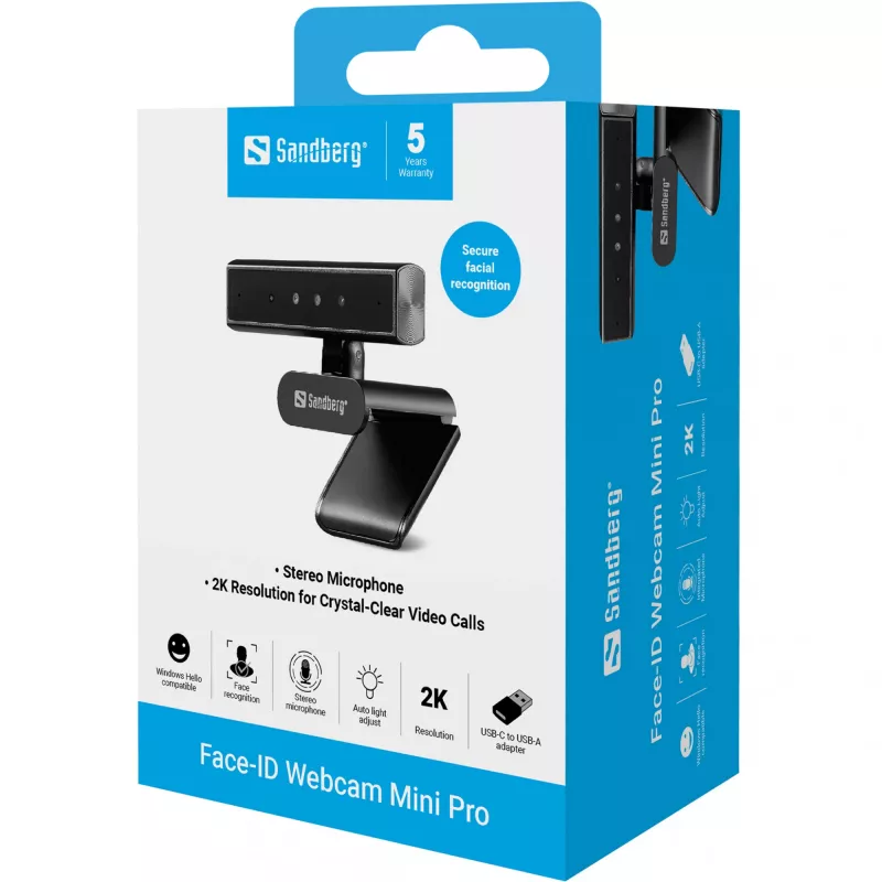 Sandberg Face-ID Webcam Mini Pro 5 MP 2K Ultra HD USB-C internetinė kamera