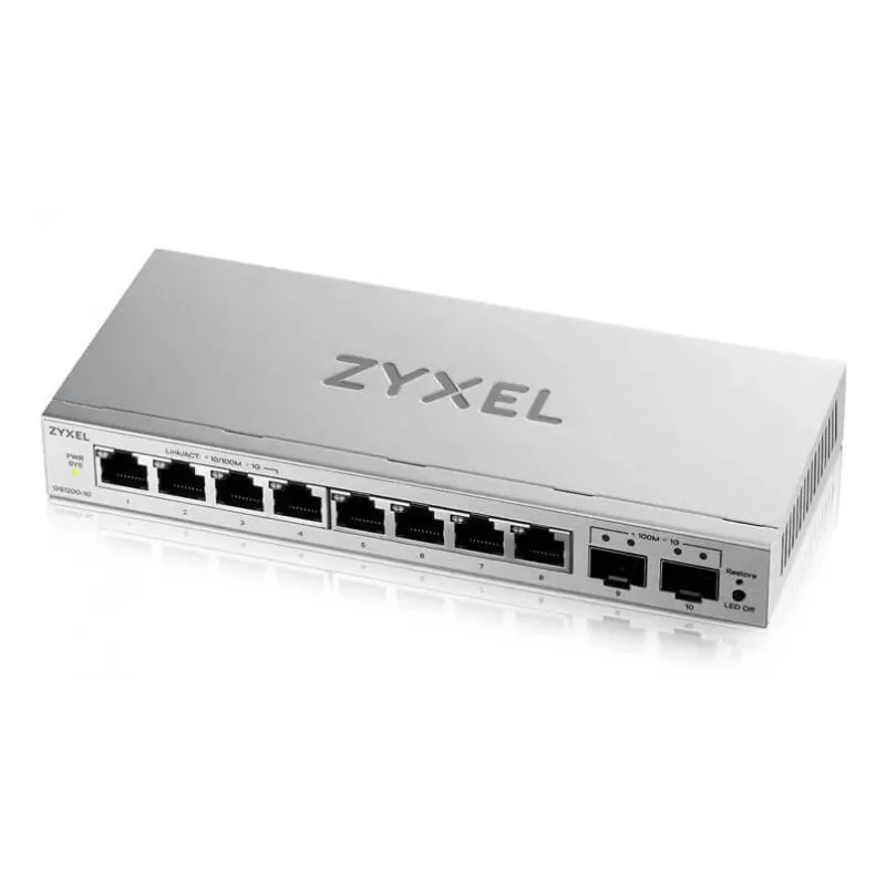 Valdomas L2 gigabito komutatorius Zyxel GS1200-10v3 — 8x Gigabit (10/100/1000), 20 Gbps, MAC 4000, stalinis, pilkas