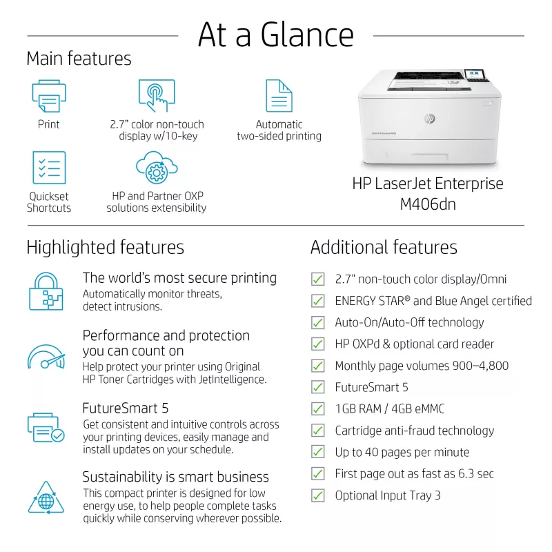 HP LaserJet Enterprise M406dn, lazerinis, 1200 x 1200 DPI, A4, 38 ppm, dvipusis spausdinimas, paruoštas tinklui