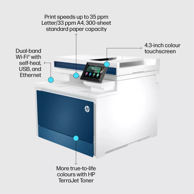HP Color LaserJet Pro MFP 4302fdw spausdintuvas, lazerinis, spalvotas spausdinimas, 600 x 600 DPI, A4, tiesioginis spausdinimas, mėlyna, balta