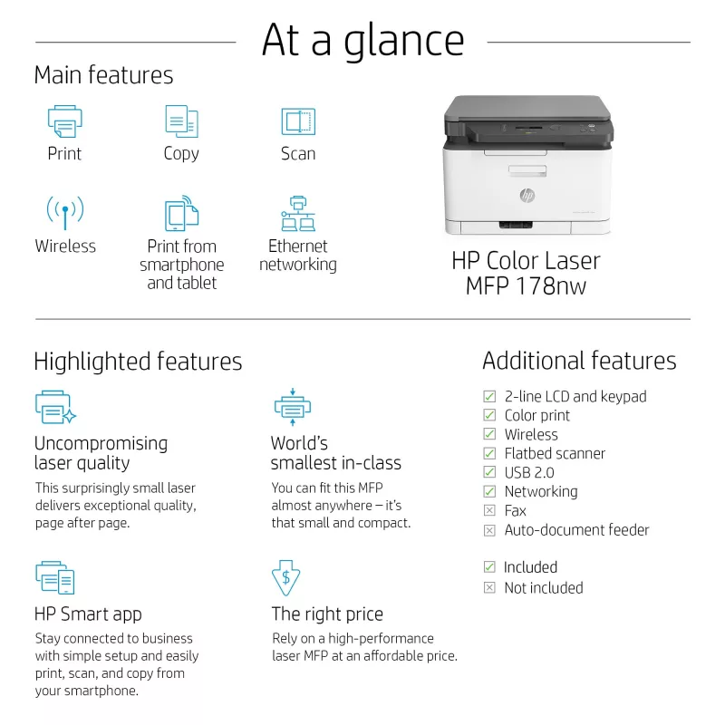 Daugiafunkcis lazerinis spausdintuvas HP Color Laser MFP 178nw — spalvotas spausdinimas, A4, 18 ppm (n/b), „Wi‑Fi“, Ethernet, dvipusis nuskaitymas