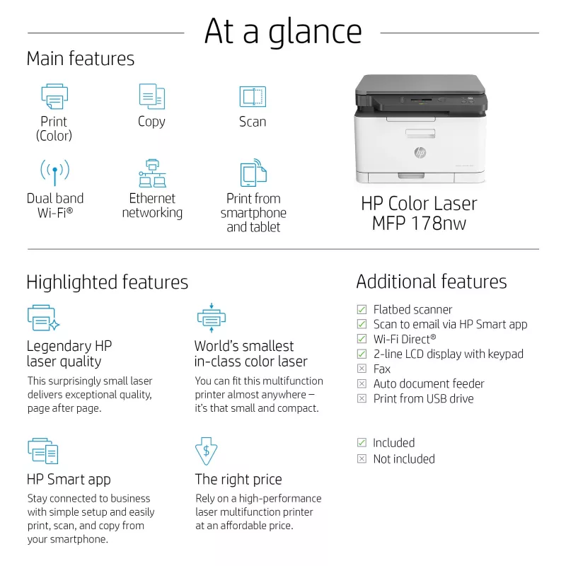 Daugiafunkcis lazerinis spausdintuvas HP Color Laser MFP 178nw — spalvotas spausdinimas, A4, 18 ppm (n/b), „Wi‑Fi“, Ethernet, dvipusis nuskaitymas