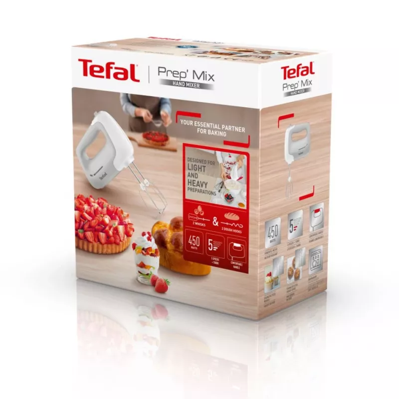 Rankinis plaktuvas Tefal Prep'Mix HT450B — 450 W, 5 greičiai, turbo, metaliniai plakikliai, baltas
