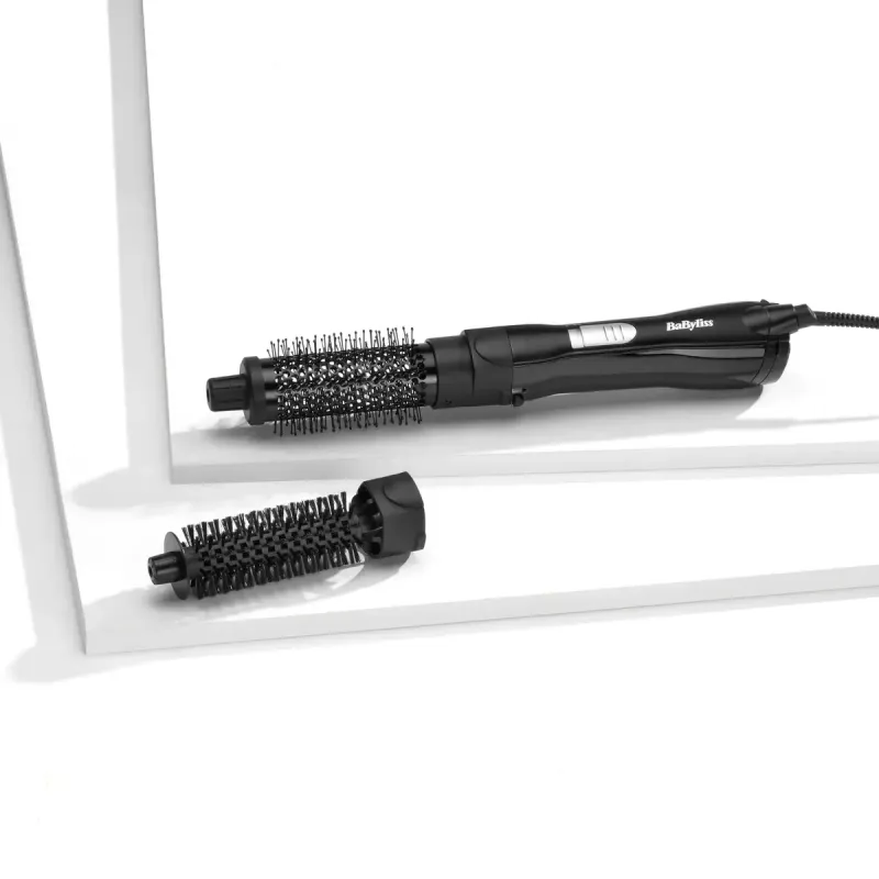 Tiesinimo šepetys BABYLISS AS82E — keraminis šildymas, 800 W, 2 šilumos lygiai, 2 šepečių galvutės, 2 m sukamoji virvė, juoda