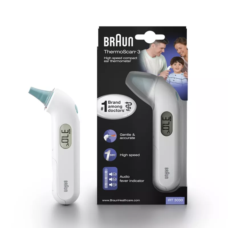 Kontaktinis ausies termometras BRAUN ThermoScan 3 IRT3030 — matavimas 34–42,2°C, 1 s, LCD, garsinis signalas, baltas
