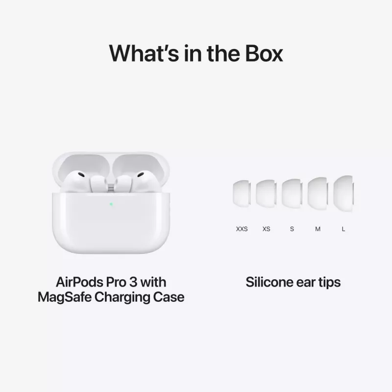 Ausinės „Apple AirPods Pro“ (3 kartos) — belaidės į ausis, H2 lustas, IP57, USB‑C įkrovimo dėklas, ANC, skaidrumo režimas