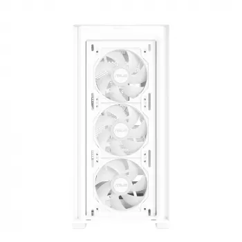 PC korpusas ASUS A21 PLUS Micro ATX baltas — palaiko Micro ATX/Mini-ITX, 3x120mm priekinius ventiliatorius, 1x120mm galinį, 360mm priekinį radiatorių, GPU iki 380 mm